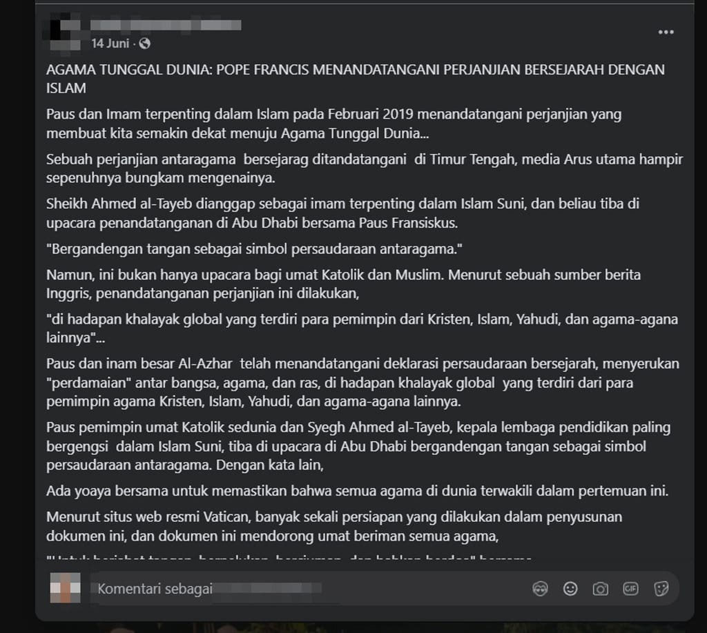 periksa fakta Agama Tunggal Dunia