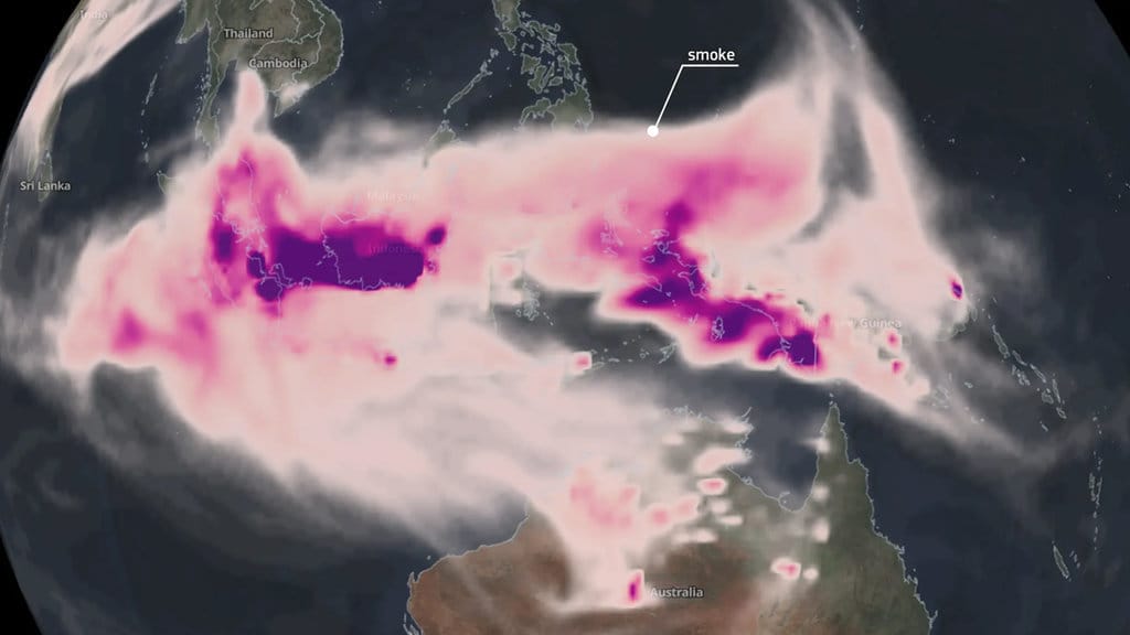Foto citra satelit paparan asap karhutla. (FOTO/eu-space.europa.eu) Foto citra satelit paparan asap karhutla