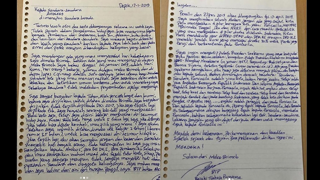 Isi Surat Ahok: Basuki Minta Dipanggil BTP Setelah Bebas Penjara