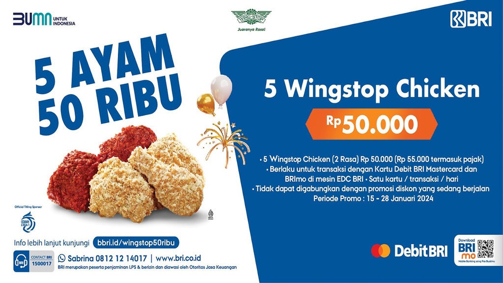 Promo Wingstop Chicken Rp50 Ribu untuk Debit BRI & QRIS di BRImo Promo Wingstop Chicken Rp50 Ribu untuk Debit BRI & QRIS di BRImo