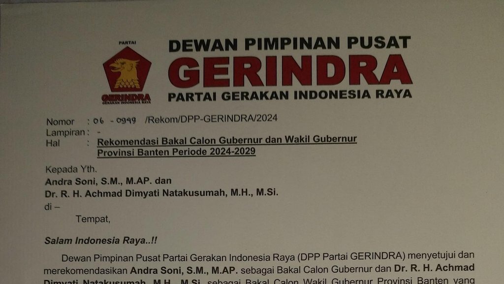 Gerindra Resmi Usung Andra Soni-Dimyati di Pilgub Banten 2024 Gerindra Resmi Usung Andra Soni-Dimyati di Pilgub Banten 2024