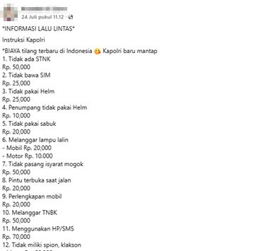 Periksa Fakta Tarif Denda Tilang Kepolisia