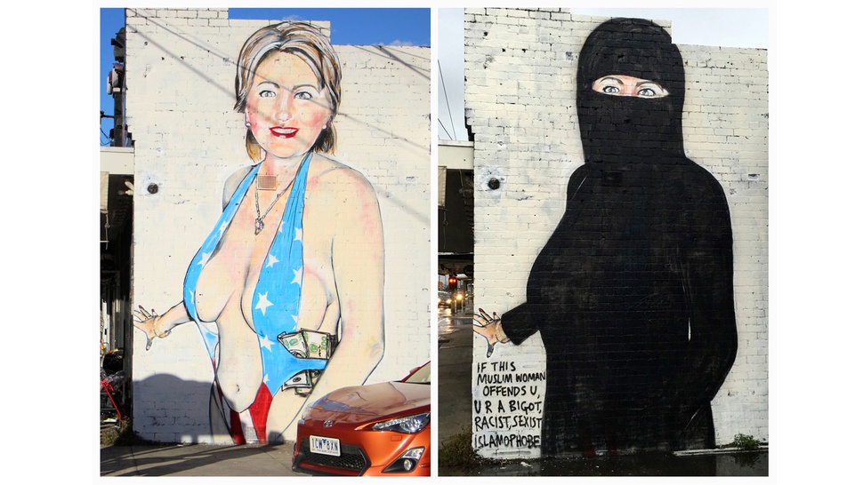 Perubahan Mural Hillary Clinton, dari Swimsuit ke Burqa