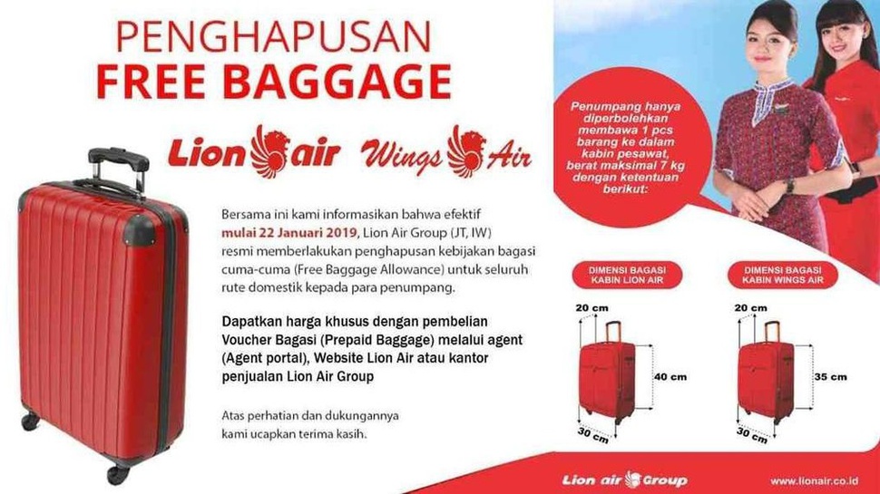 Daftar Tarif Bagasi Pesawat Lion Air Mulai 22 Januari 2019