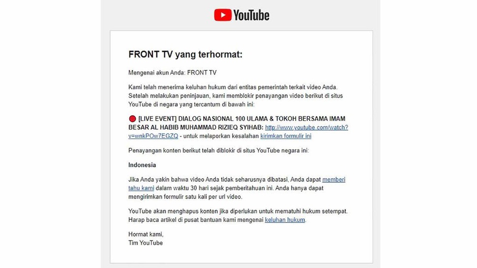 Akun FRONT TV Diblokir Youtube, FPI: Atas Permintaan Pemerintah