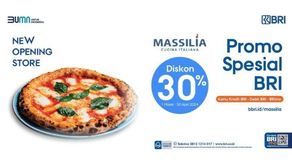 Promo BRI Diskon 30%, Nikmati Pizza di Massilia Cucina Italiana