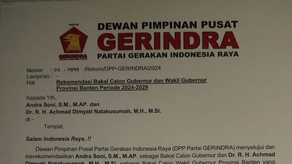 Gerindra Resmi Usung Andra Soni-Dimyati di Pilgub Banten 2024