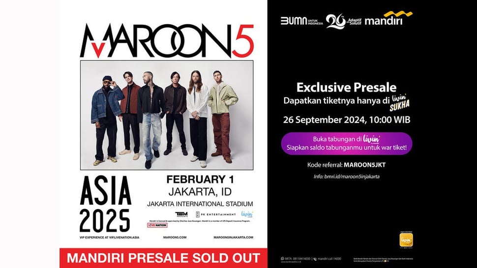 Tiket Maroon 5 Live in Jakarta Ludes di Livin' by Mandiri