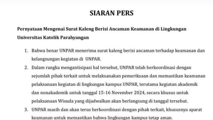 Unpar Dapat Ancaman Teror Bom Jelang Pelaksanaan Wisuda